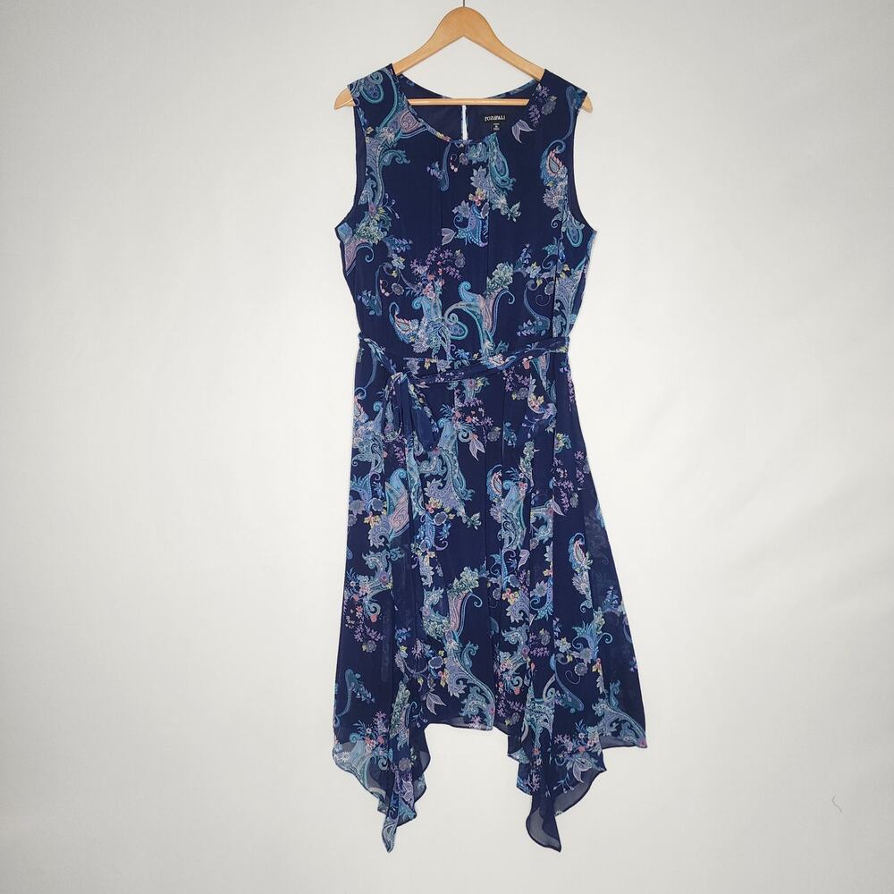 Roz & Ali Blue Floral Sleeveless Handkerchief Hem Dress Women's Size 16